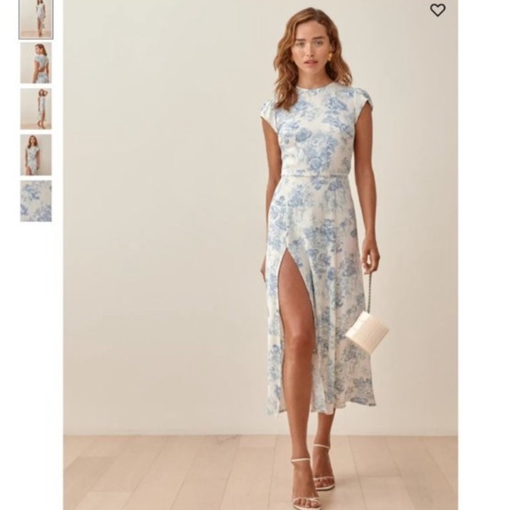 Reformation Blue Asymmetrical High-Low Flutter Sleeve Sheath Dress